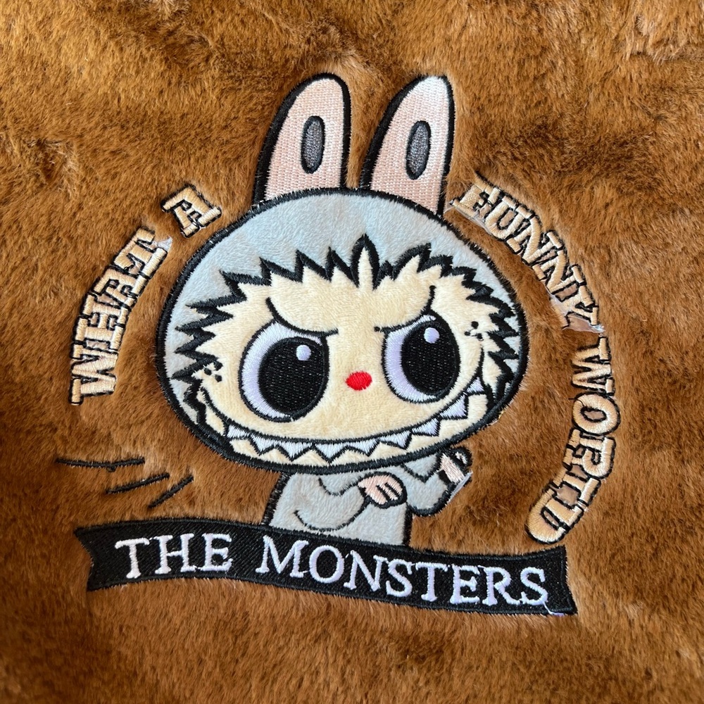 Brown labubu Furry purse with Cartoon Patch